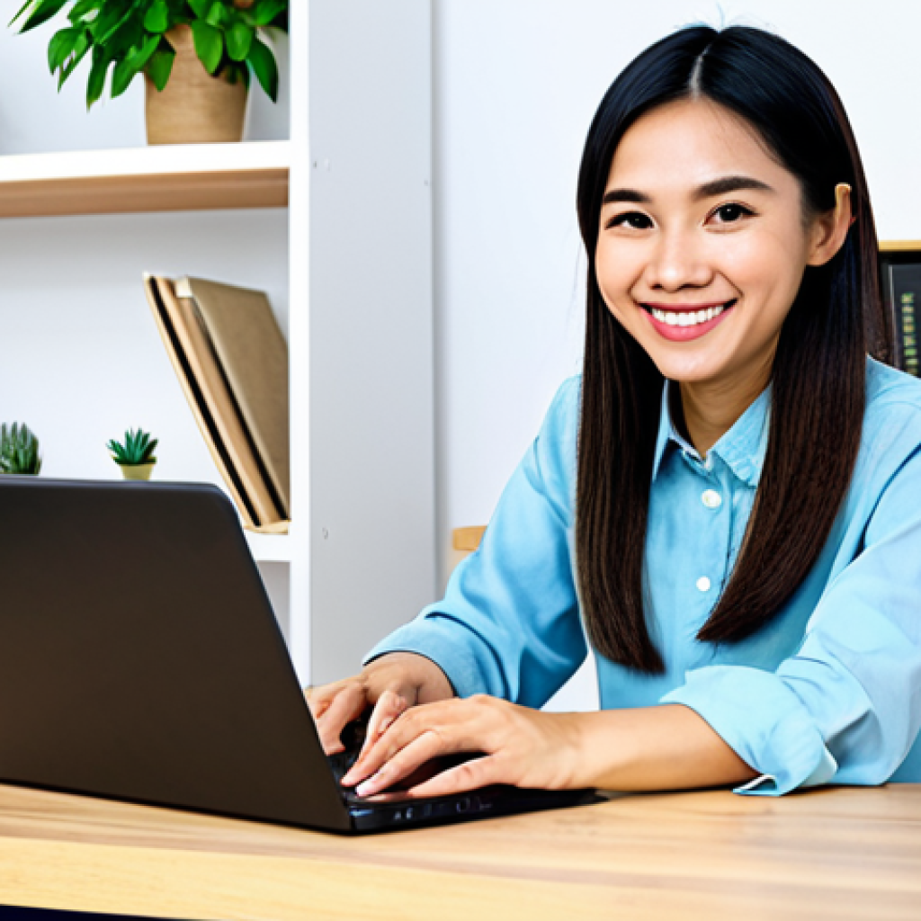 **
A Vietnamese blogger, fully clothed in stylish, modest clothing, sitting at a modern desk with a laptop, smiling and looking directly at the camera. The background shows a bright, organized workspace with plants and bookshelves. Professional lighting, perfect anatomy, natural proportions, well-formed hands, proper finger count, safe for work, appropriate content, family-friendly, professional photo.
**