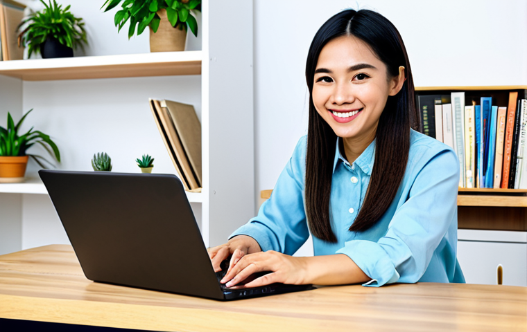 **
A Vietnamese blogger, fully clothed in stylish, modest clothing, sitting at a modern desk with a laptop, smiling and looking directly at the camera. The background shows a bright, organized workspace with plants and bookshelves. Professional lighting, perfect anatomy, natural proportions, well-formed hands, proper finger count, safe for work, appropriate content, family-friendly, professional photo.
**