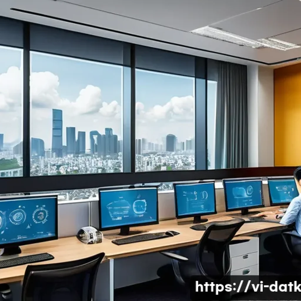 데이터 최소화로 인한 비용 절감 효과 - A modern Vietnamese office environment with a diverse team of professionals analyzing large data set...