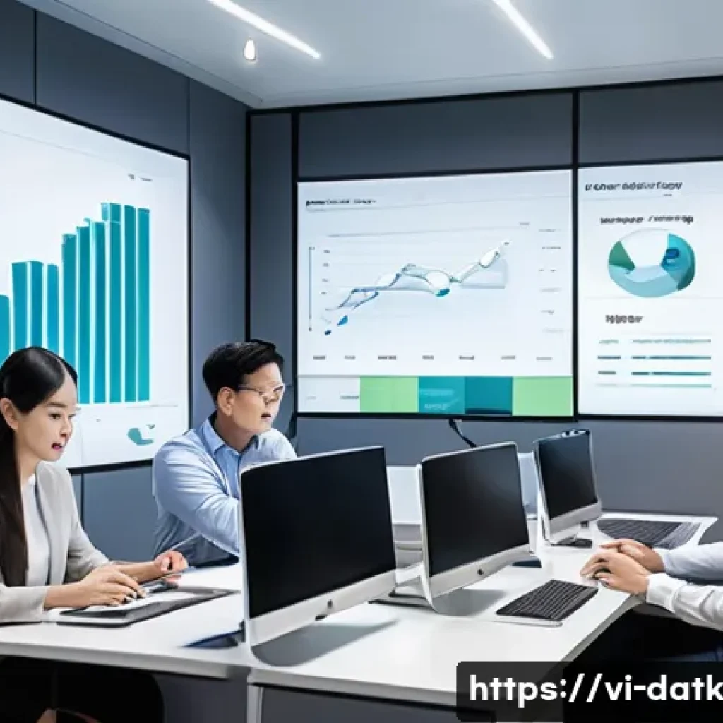 데이터 최소화 원칙 실천을 위한 정책 - A modern Vietnamese business office setting with diverse professionals collaborating on data policy ...