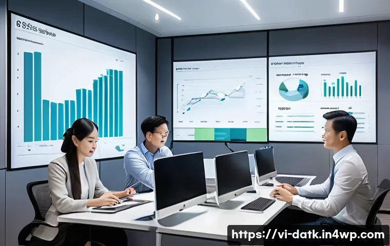 데이터 최소화 원칙 실천을 위한 정책 - A modern Vietnamese business office setting with diverse professionals collaborating on data policy ...