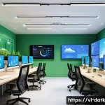 Home 22 데이터 최소화와 기업의 지속 가능성 - A modern Vietnamese office environment focused on sustainable business practices, showing diverse pr...