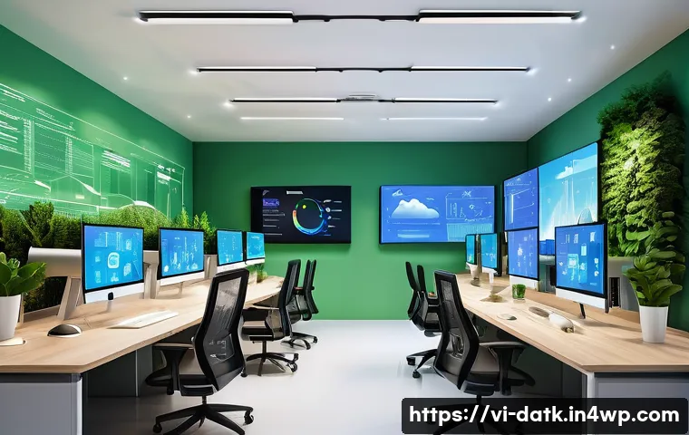데이터 최소화와 기업의 지속 가능성 - A modern Vietnamese office environment focused on sustainable business practices, showing diverse pr...