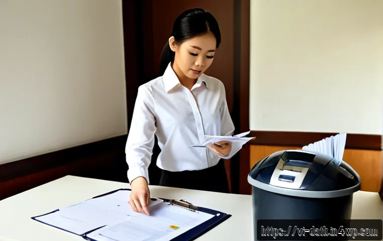 Home 30 법적 리스크를 줄이는 데이터 최소화 전략 - Photorealistic Vietnamese business professional at a clean modern office desk, carefully sorting a s...